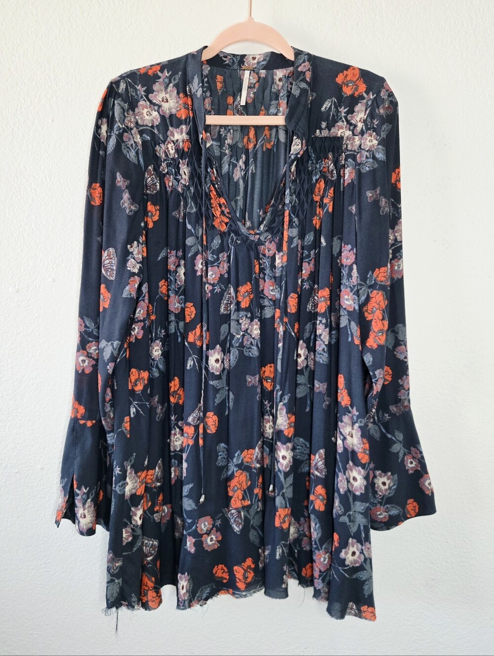 Free People Wildflower Floral Boho Tunic Dress Tie Neck Poet Sleeves Green Large